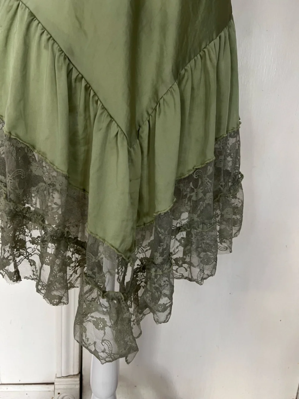 Sage Olive Green Lace-Hem V Drop Waist Mini Dress - Picture 7 of 13